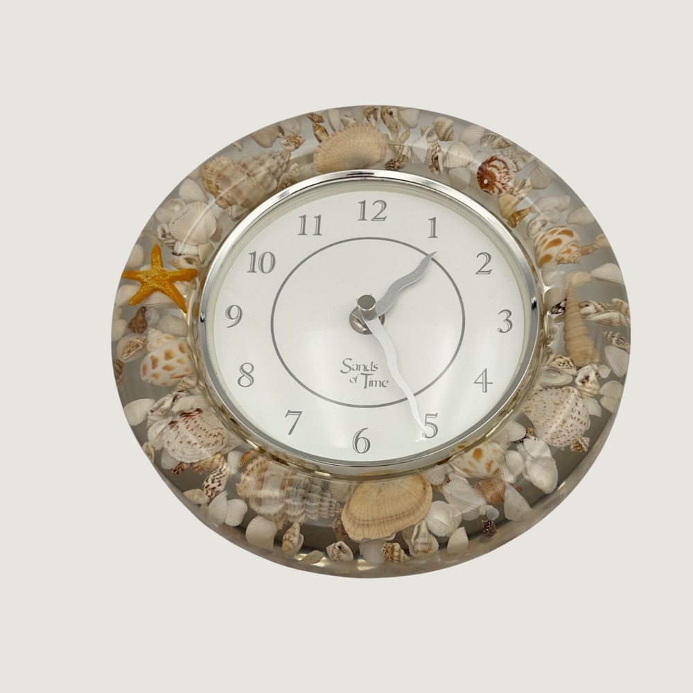 Sands of Time Lucite Wall Clock Sea Shell Seashell Coastal Analog Battery 8"
